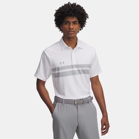 Under Armour Men's Drive Team Dual Stripe Polo featuring white fabric with black stripes, classic collar, best volleyball shirt | All Volleyball