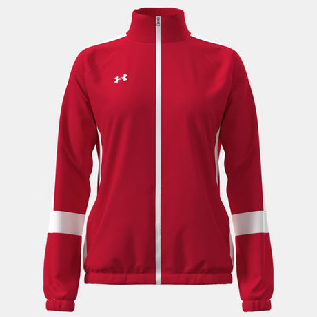 Under Armour Women's Team Knit Warm-Up Jacket in red featuring a zip front, suitable for best volleyball attire | All Volleyball